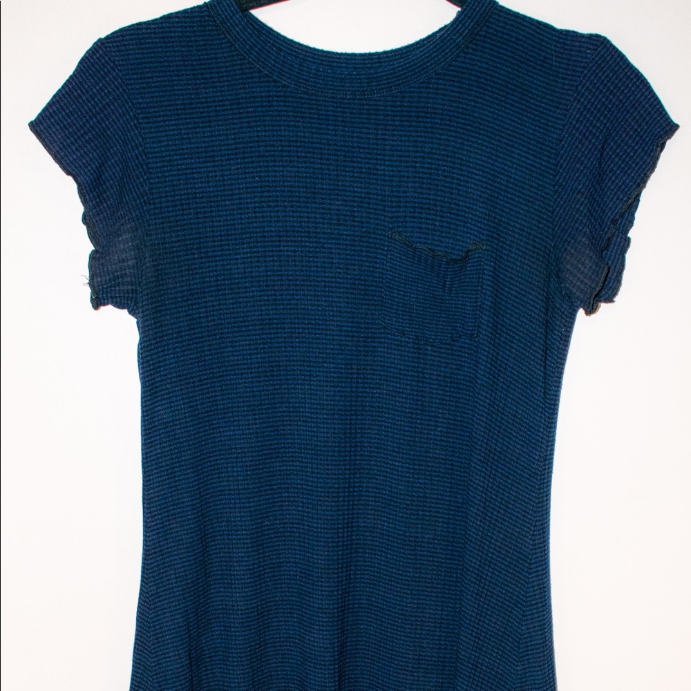 blue and black striped lettuce sleeved dress